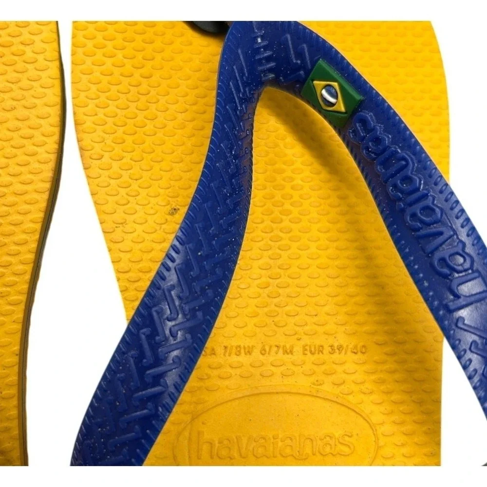 Havaianas Flip Flops Sz 7/8W Blue Top Brazil Flag Amarelo Banana Durable Slip-On
